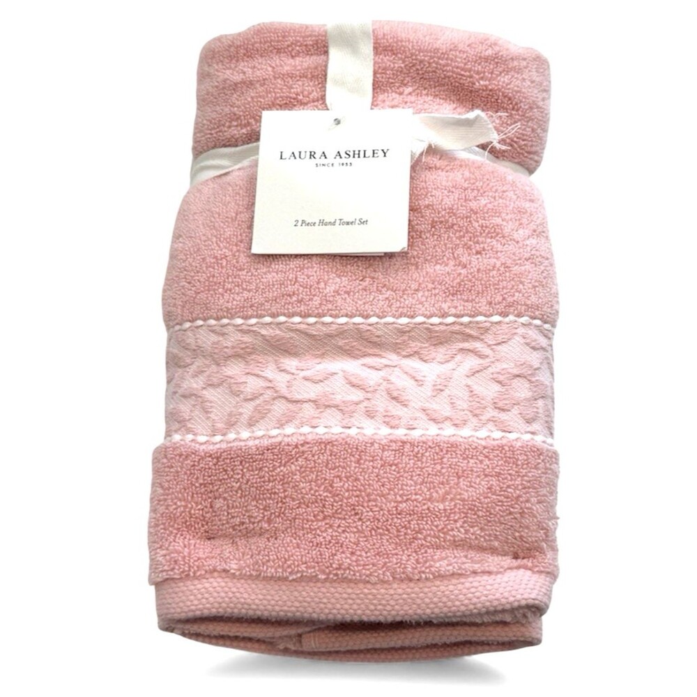 Laura Ashley Hand Towels Embossed Pink Leaf 100% Cotton 16x30" Set of 2